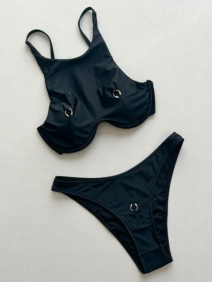 High Neck Underwired V-bar Bikini Women Swimsuit Female Swimwear Two-pieces Bikini Set Brazilian Push Up Bathing Suit Swim Lady