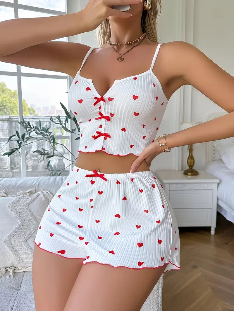 Valentine's Day Women Heart Pattern Printed Pajama Set,Casual Knit Fabric Crop Tops and Shorts Sleepwear Loungewear
