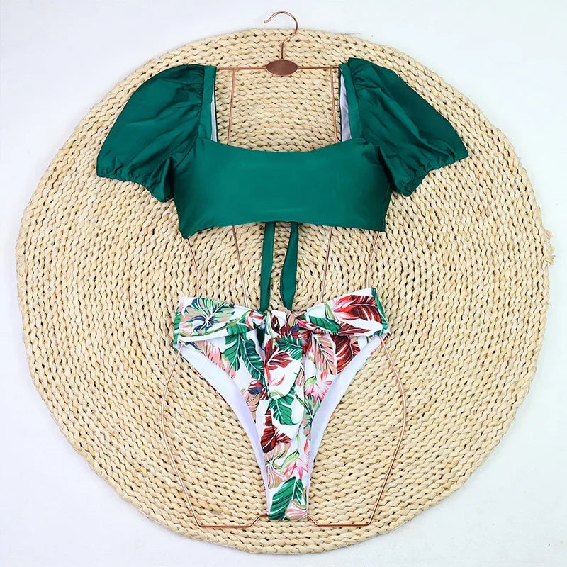 2026 Sexy Bikini Women Push Up Swimwear Swimsuit Leaf Sunflower Print High Waist Bowknot Bubble Sleeves Bikinis Set Bathing Suit