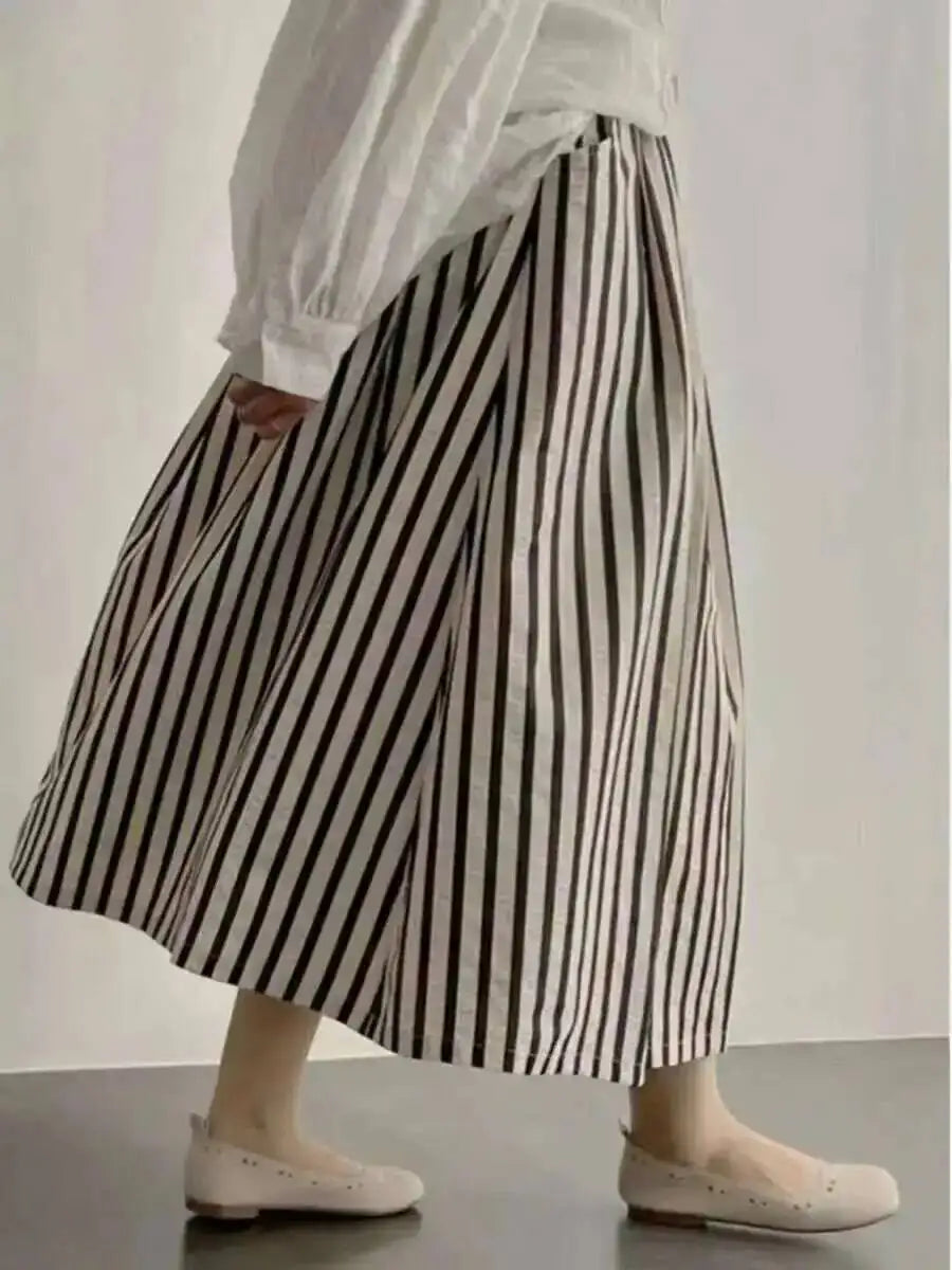 Retro Chic Solid Color Striped Skirt For Women In Summer, High Waisted And Slimming A-line Mid Length Umbrella Skirt Casual OHS8