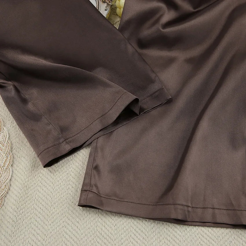 Women Silk Satin Pajama Set Deep V Neck Long Sleeve Lace Trim Tie Front Top Pants Soft Loungewear Elegant Home Sleepwear Night