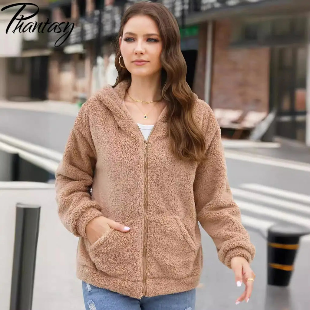 Phantasy Woman Hooded Fleece Coat Womens Casual Jacket Soft Heavy Autumn Winter Solid Hooded Jacket Ladies Outwear Overcoat