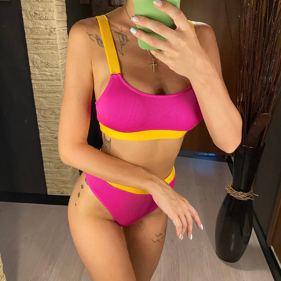 New Sexy Ribbed Splicing Female Swimsuit High Waist Bikini Women Swimwear Two-pieces Bikini Set Bather Bathing Suit Swim V2329