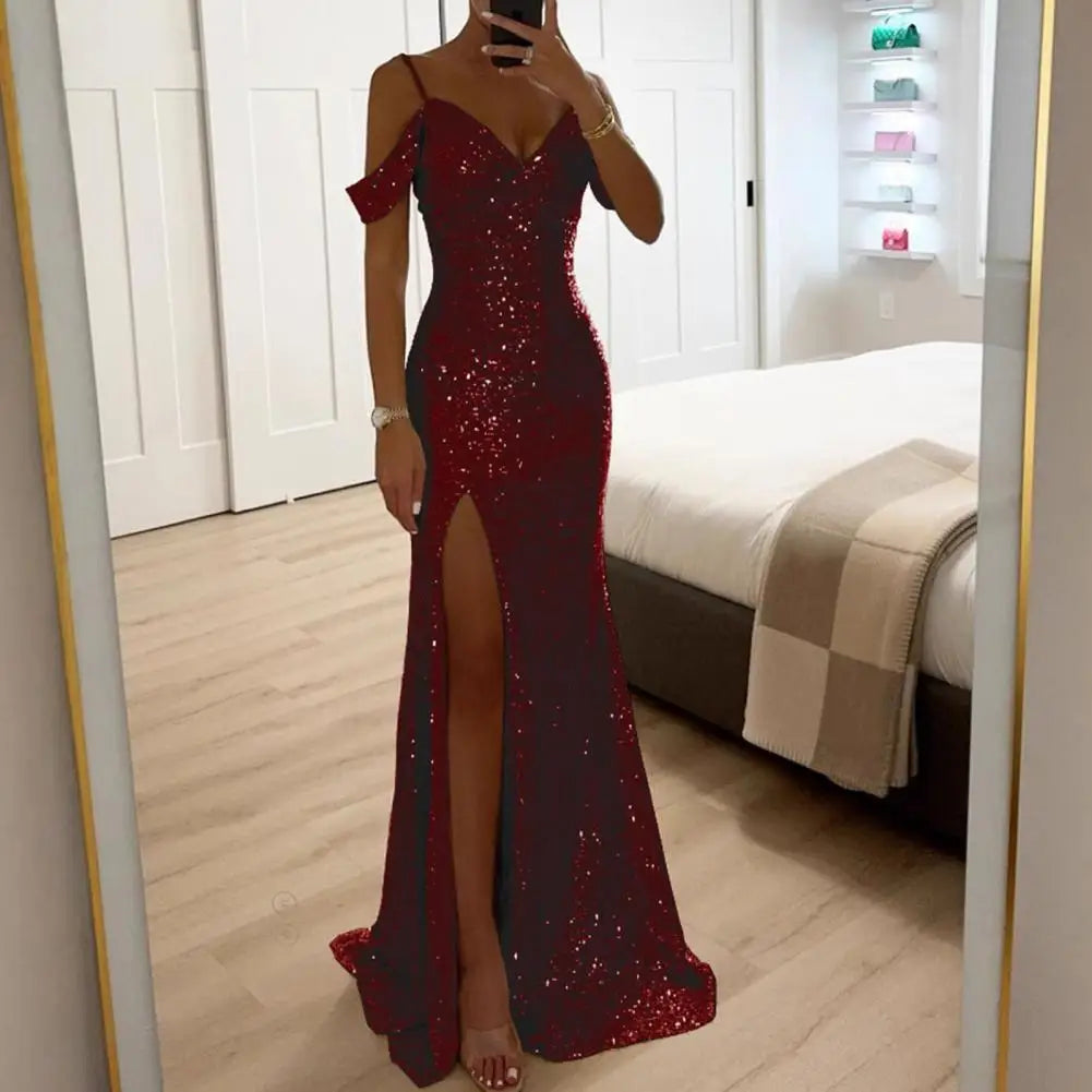 Women Evening Dress Off Shoulder V Neck Side Slit Floor Length Sequin Ball Gown Sleeveless Prom Wedding Party Banquet Maxi Dress