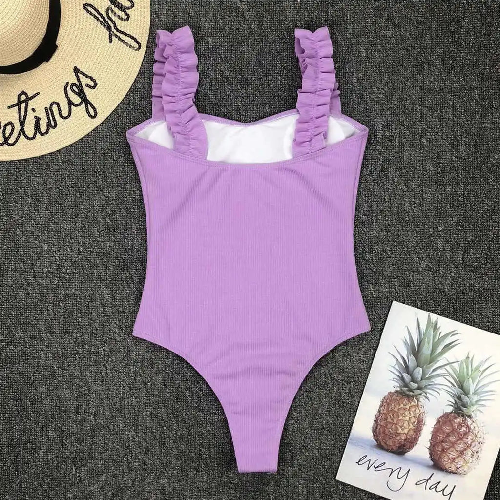 6 Colors Frill Trim Ruffled Sexy Women Swimwear One Piece Swimsuit Female Ribbed Bather Bathing Suit Swim Wear Monokini V1668