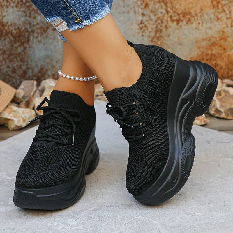 White Knitted Wedge Heels Sneakers Women Spring Autumn Breathable Chunky Platform Sneakers Woman Slip On Mesh Running Shoes 42
