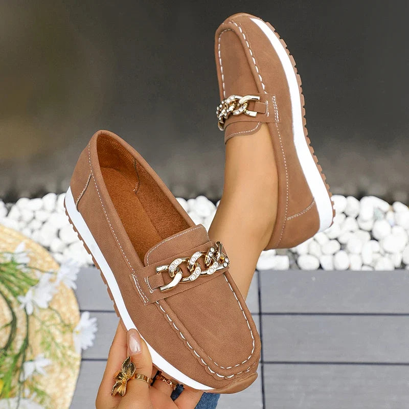 Fashion Metal Chain Soft Sole Flats Shoes Women Spring Autumn Pu Leather Platform Loafers Woman Slip On Non Slip Casual Shoes