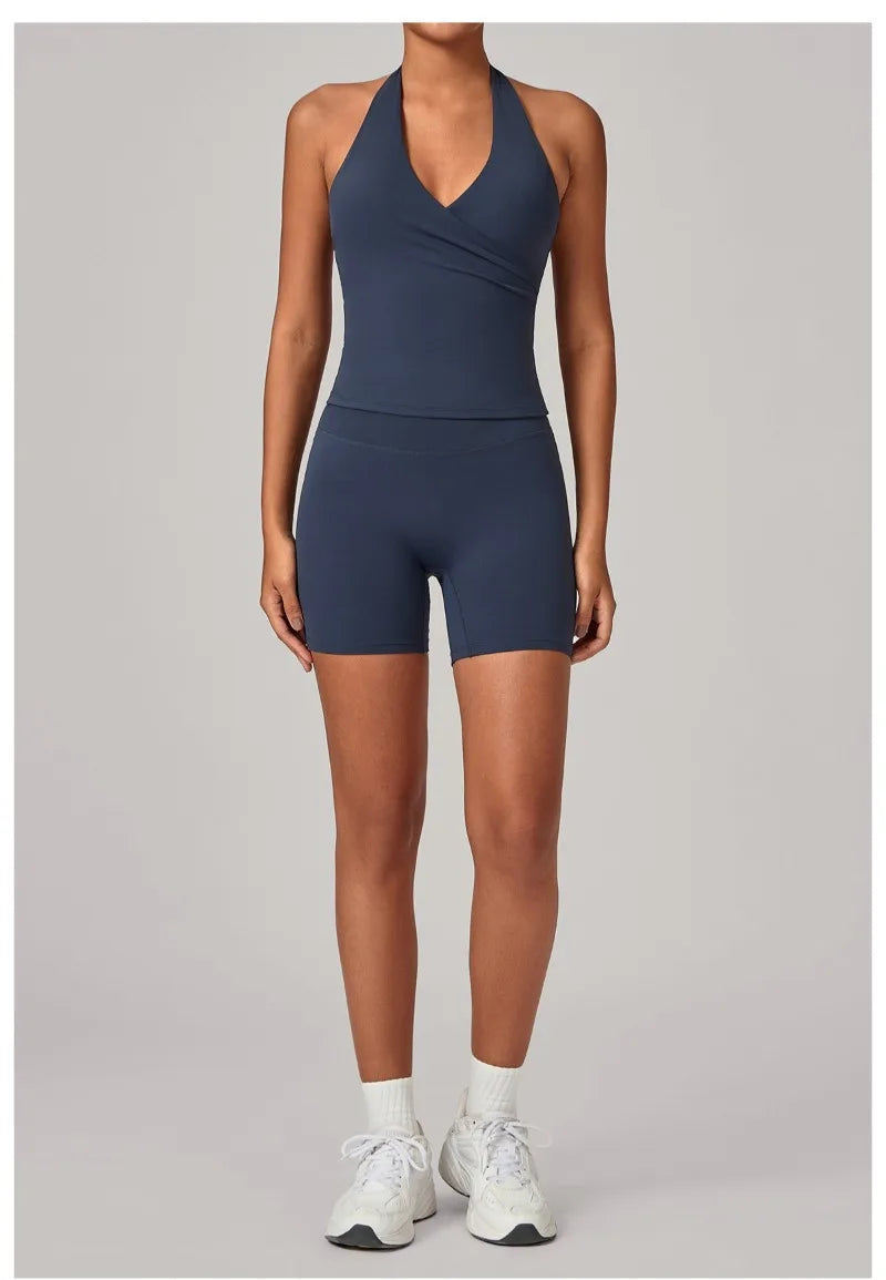 Women's Seamless Yoga Fitness Sets Sports Halter Neck Backless Vest Hip-lifting Slim Fit Shorts Suits Running Workout Gym Sets
