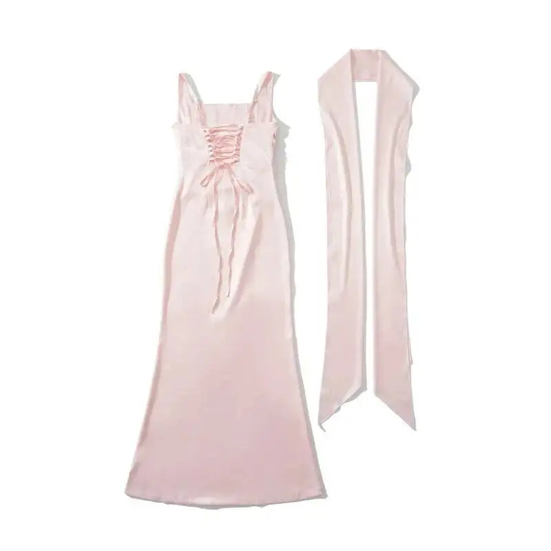Pure Desire Style Collarbone-revealing Strapless Long Dress Feminine And Slim-fitting With Pleated Waist Tie Straps Bodycon LWIO