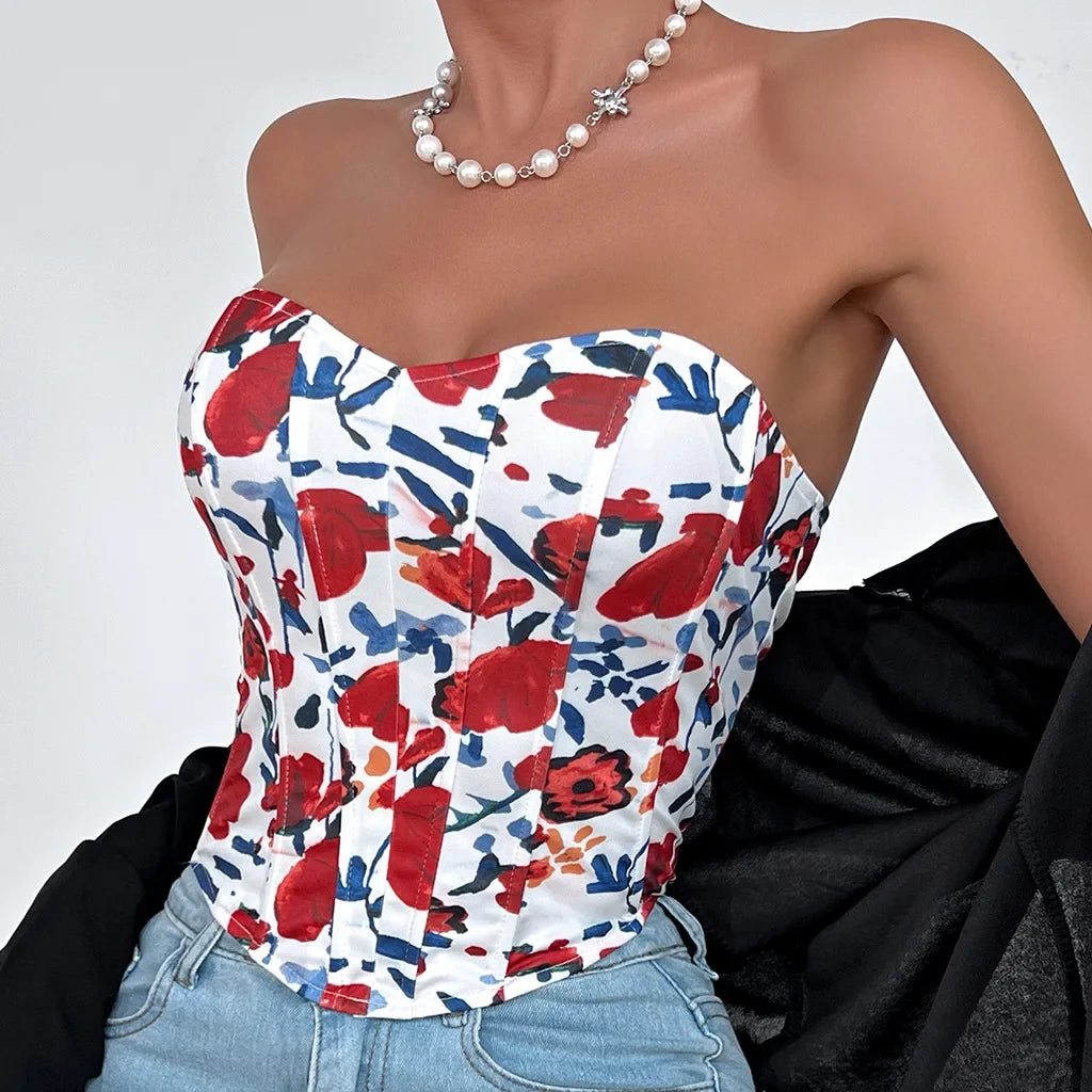 Summer Women Floral Y2K Crop Tops Printed Sleeveless Fishbone Corset Woman Sexy Backless Slim Strapless Streetwear Camisole