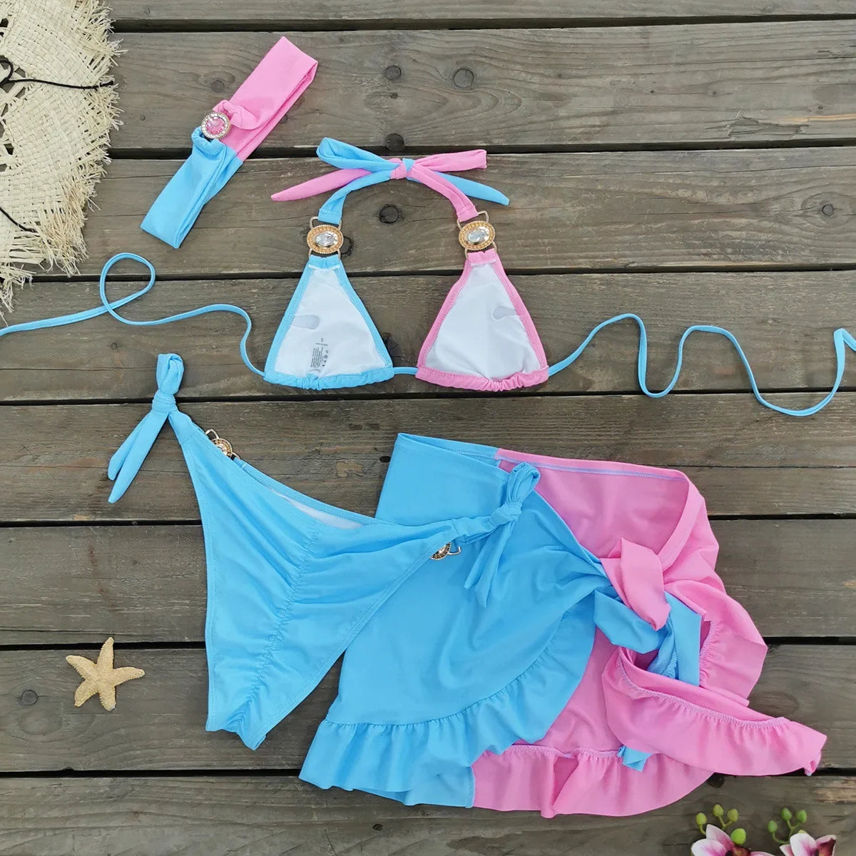 Sexy Skirt 4 Pieces Bikini Set Women Luxury Blue Patchwork Rhinestone Push Up Cover Up Swimsuit 2024 Beach Bathing Suit Swimwear