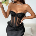 Women Corset Vest Sexy See Through Dot Print Lace Trim Club Wear Fishbone Tank Top Strapless Buckle Tie Rope Perspective Tops