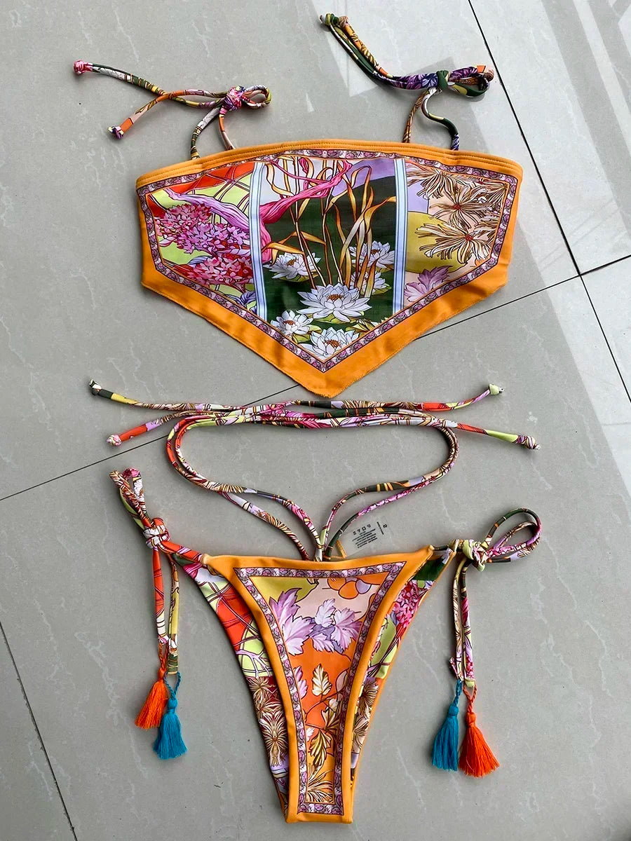 Sexy Printed Crop Top Brazilian Bikini Women Bandeau Swimwear Female Swimsuit Two-pieces Bikini Set Bathing Suit Swim Beachwear