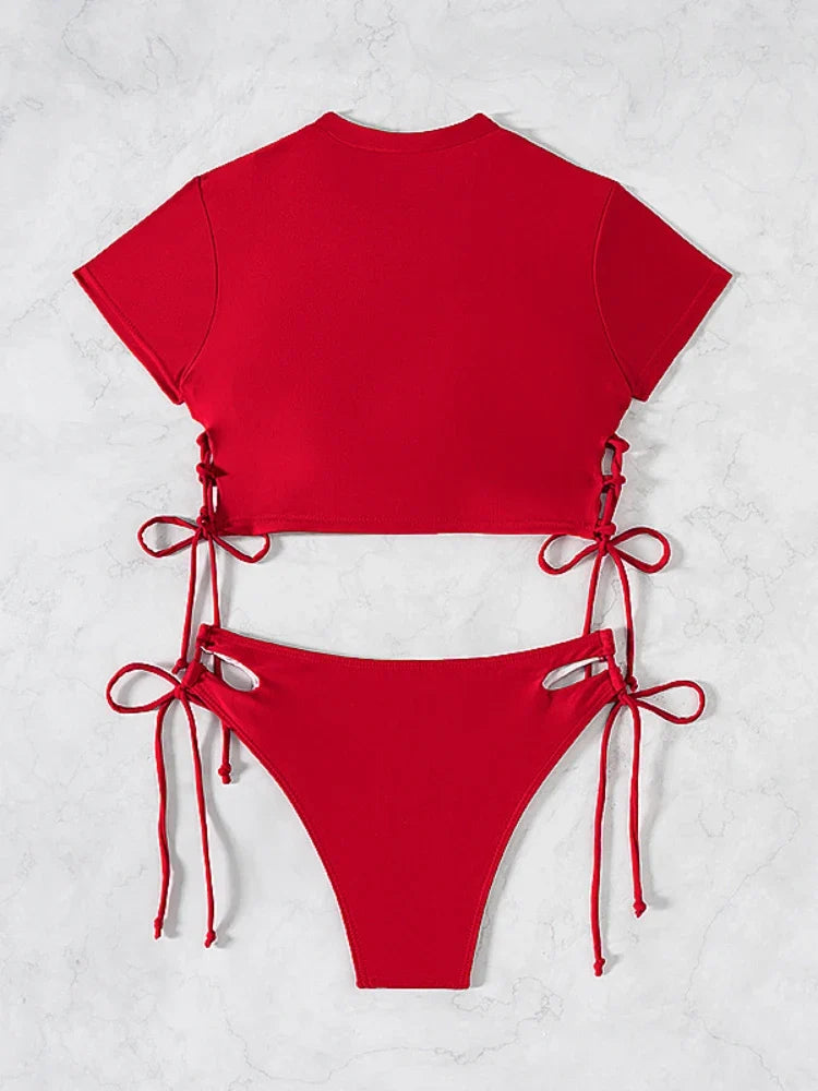 2026 New 2 Piece Swimsuit for Women Solid Color Sexy Drawstring Short Sleeve Bikini Set Beach Vacation Bathing Suit Swimwear