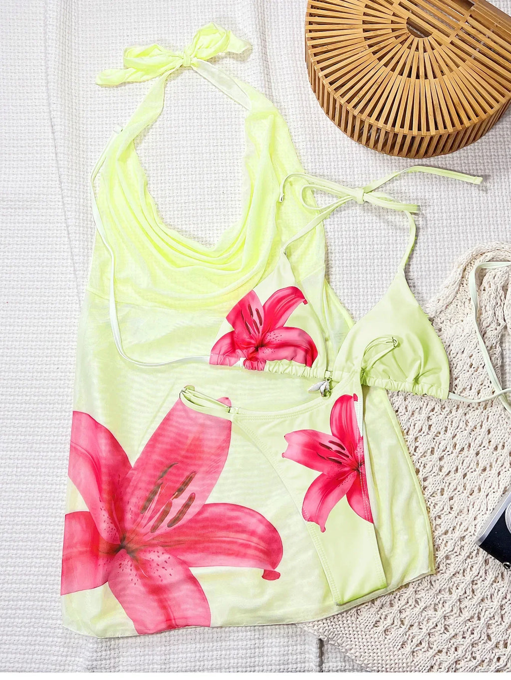 Sexy Yellow Floral Print Mesh Dress 3 Piece Swimsuit 2026 Women Shell Push Up Bra Thong Bikini Holiday Bathing Suit Swimwear