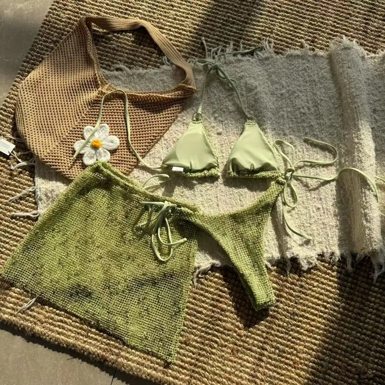 With Mesh Sarong Skirt Halter Bikini Women Swimwear Female Swimsuit Three-pieces Bikini Set Fishnet Bathing Suit Swim Beachwear