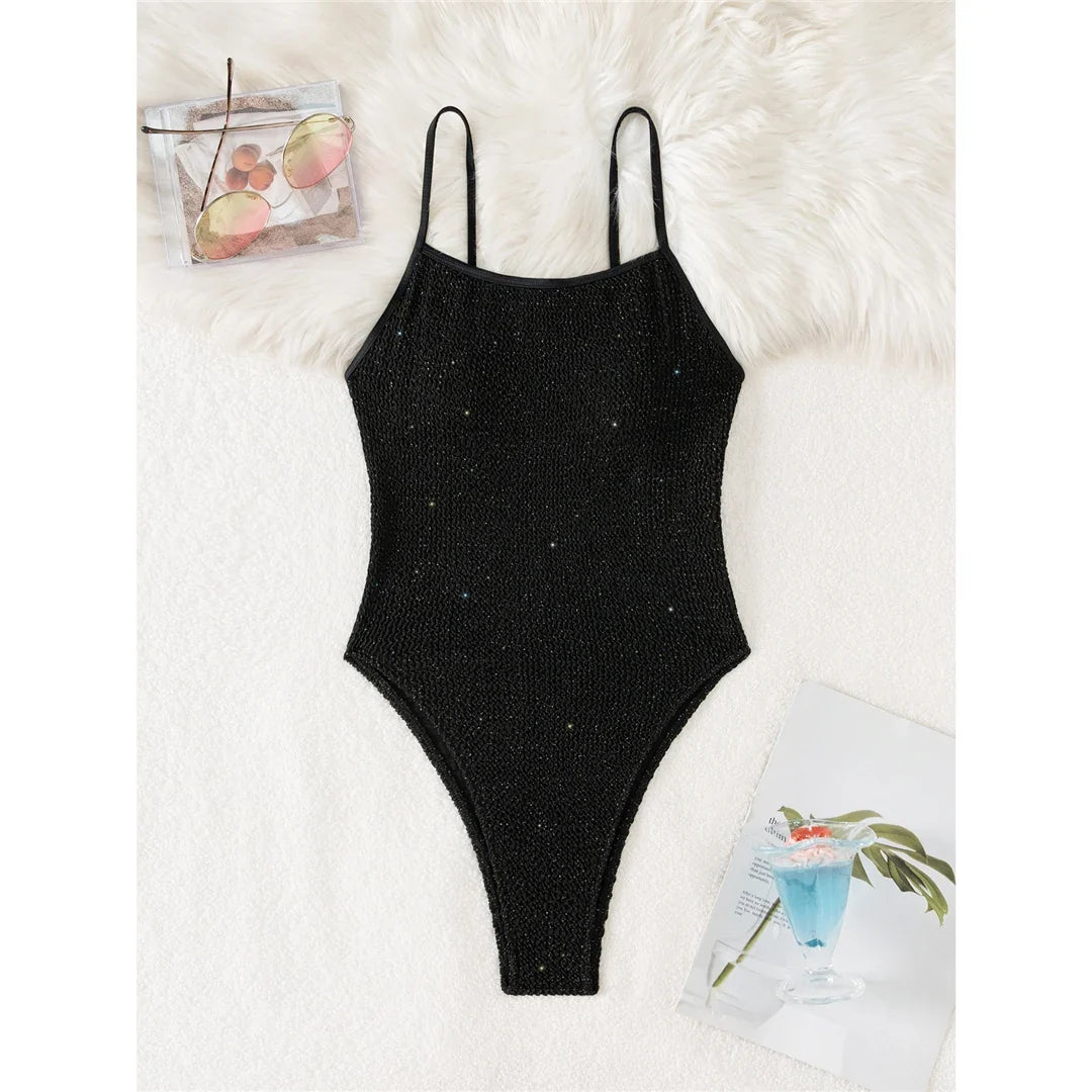 New Wrinkled Crinkled Glitter Sparkling One Piece Swimsuit Women Swimwear Female High Cut Padded Bather Bathing Suit Swim V6407