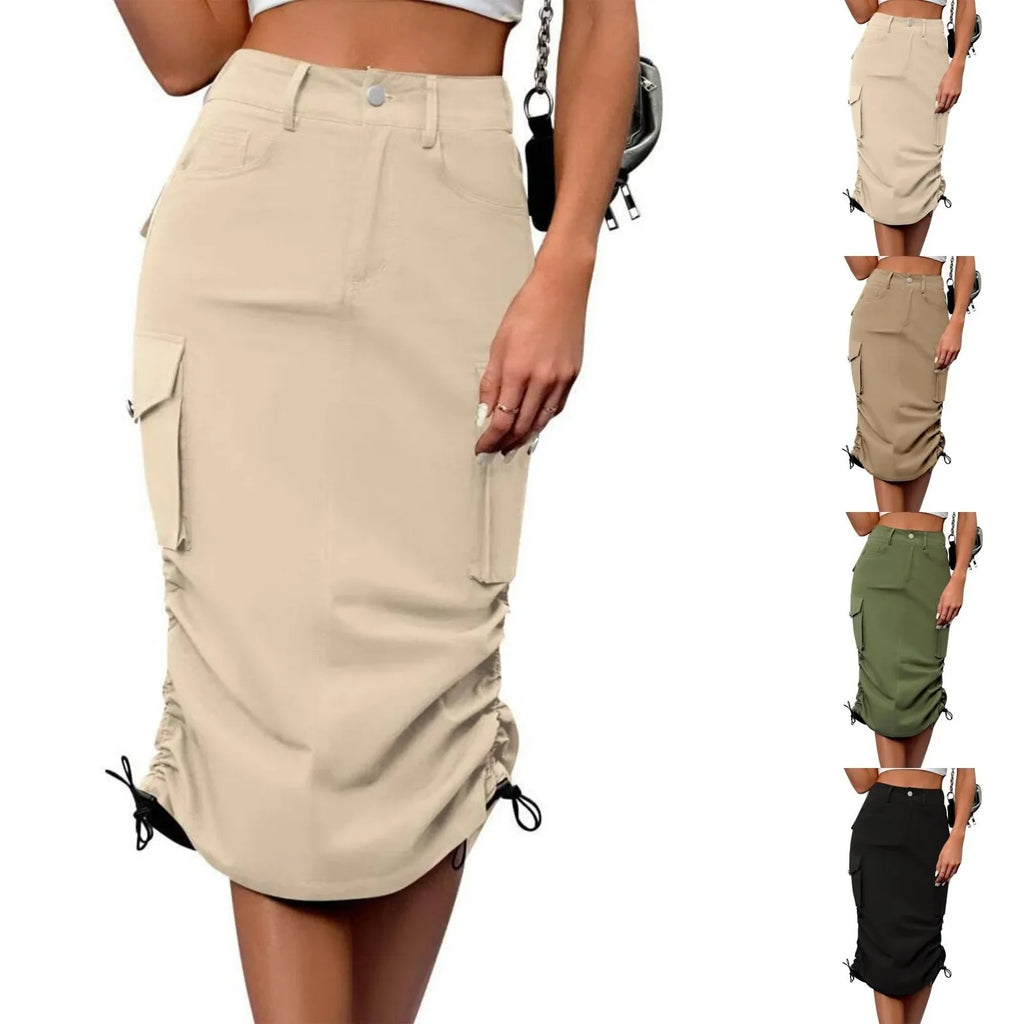 Womens Cargo Midi Skirt High Waist Multi Pocket Pencil Skirt Side Drawstring Ruched Split Hem Bodycon Summer Skirts Streetwear
