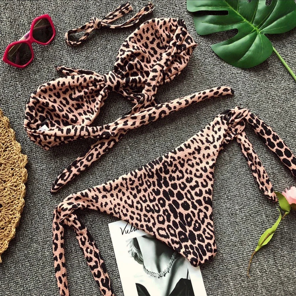 Leopard Knotted Polka Dot Bikini 2025 Women Strapless Bandeau Swimsuit Female Swimwear Two Pieces Bikini Set Bathing Suit Swim