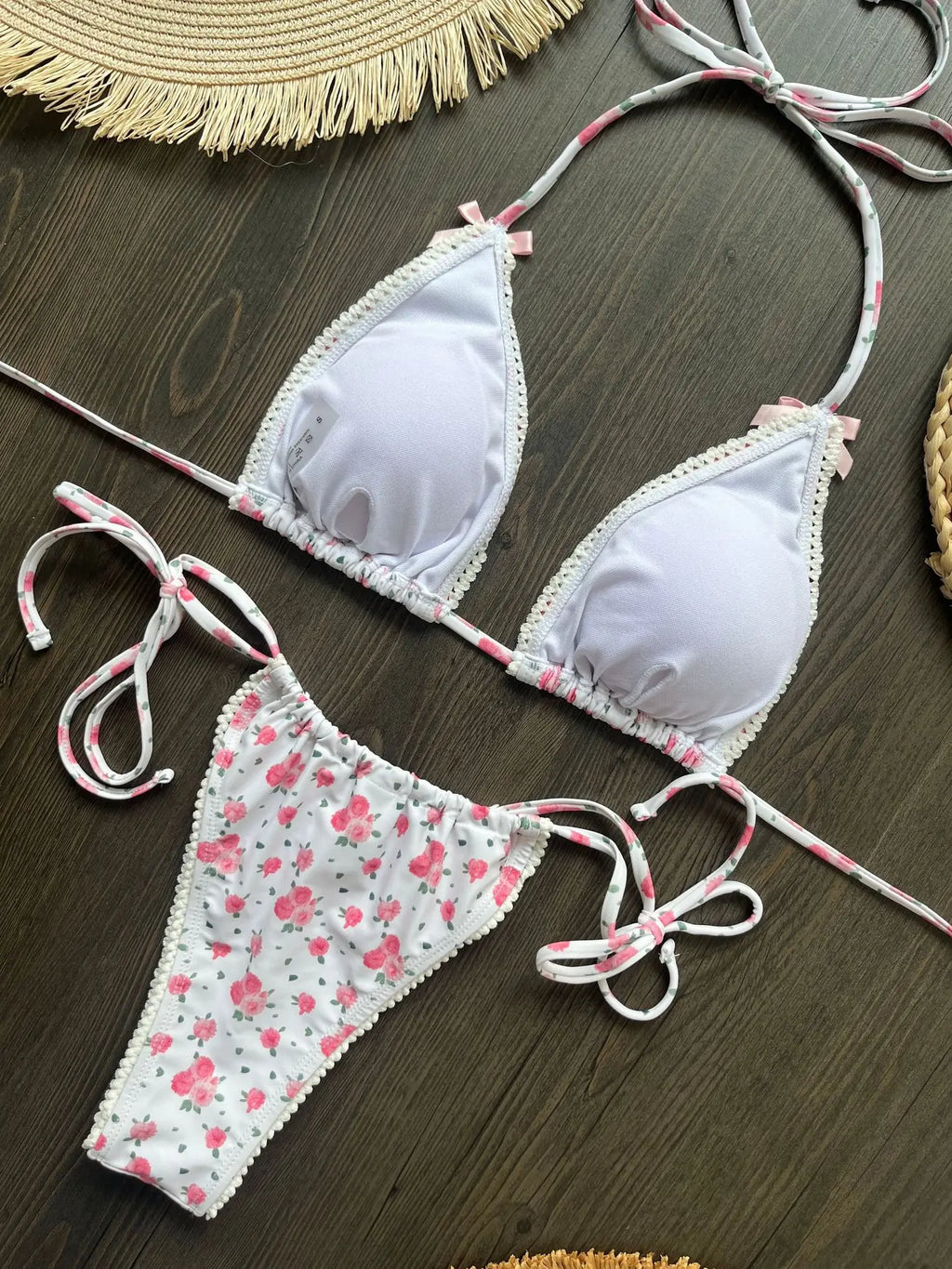 Floral Print Halter Micro String Bikini Female Swimsuit Women Swimwear Two-pieces Bikini Set Bow Knotted Bathing Suit Swim Lady