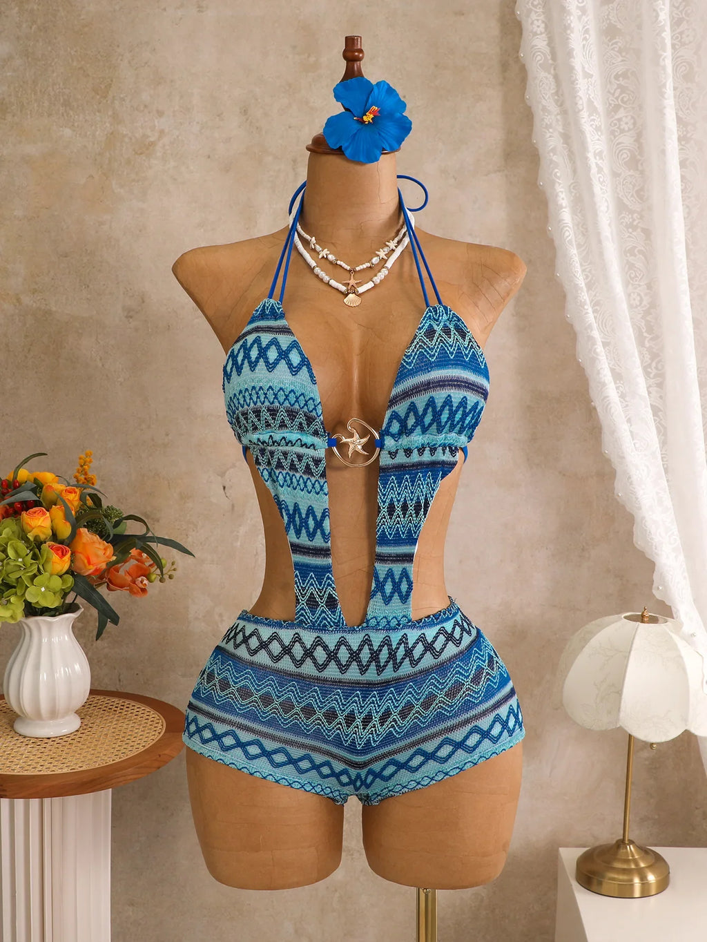 Bohemia Pink Knitted Striped Swimwear 2026 Women Metal Circle Patchwork Hollow Backless Beach Bathing Suit One Piece Swimsuit