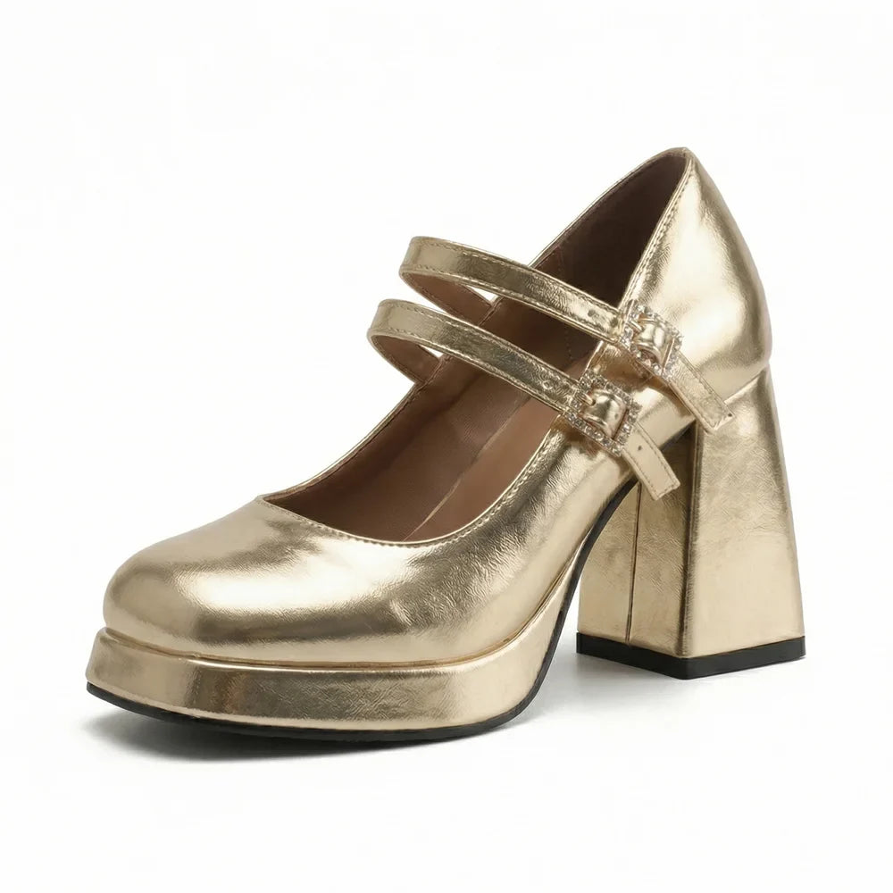 Big Size 32-46 Y2K Metallic Mary Jane High Heels Women Shoes Round Toe Double Straps Rhinestone Buckle Platform Block Heel Pumps