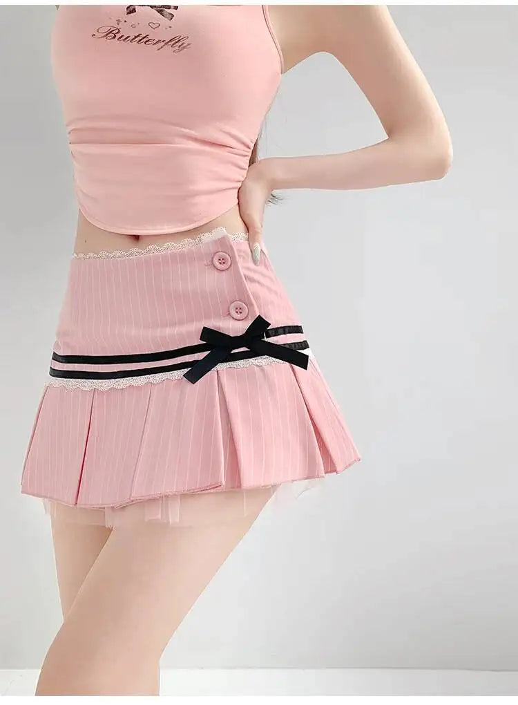 Striped Contrasting Color Bow Lace Splicing Pleated Skirt Women 2026 Summer American Style Low Waist  A-line Short Skirt UBFK
