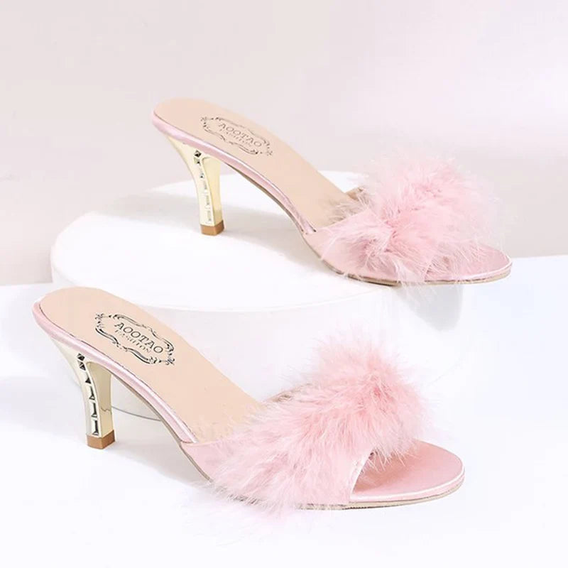 Summer Elegant Open Toe Plush Slippers for Women 2025 Suede High Heels Slippers Women Luxury Solid Thin Heels Woman Slides