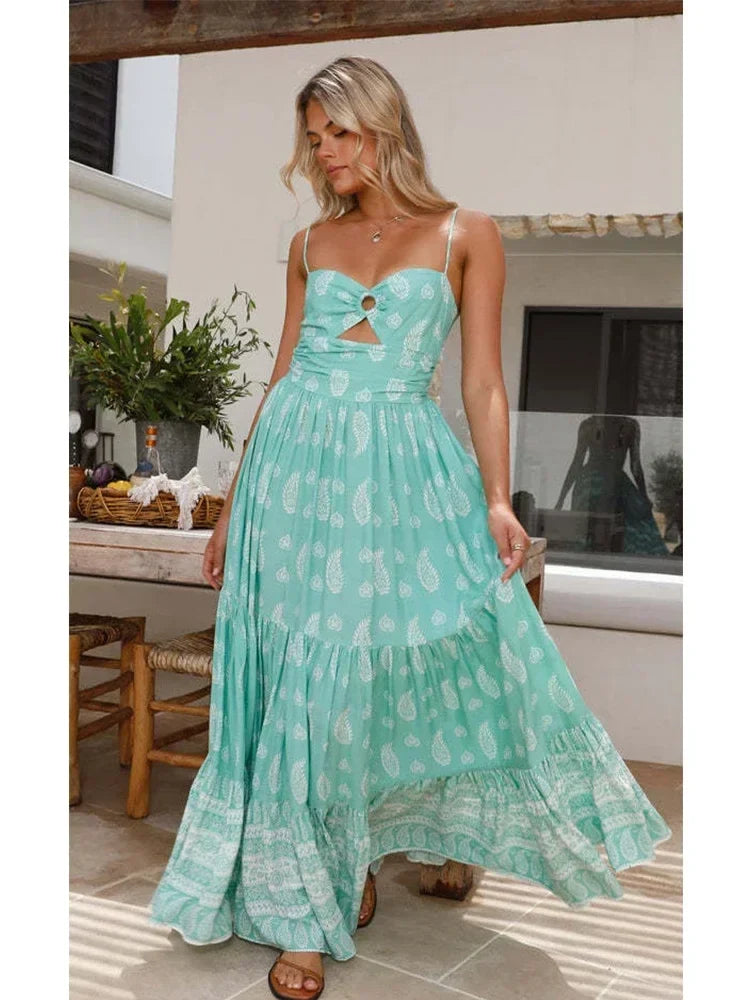 Foridol Spaghetti Strap Sundress Cut Out Women's Dress Summer Printed Boho Beach Maxi Dress 2025 Paisley Printed A-line Vestidos