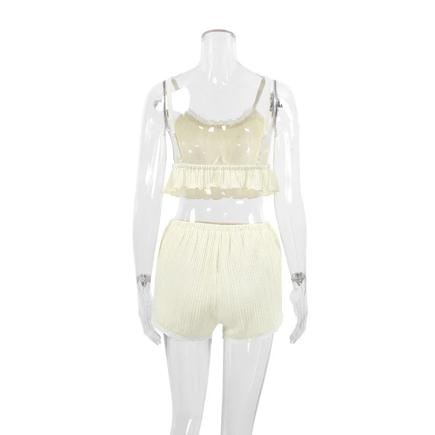 Lace Trim Ruffle Hem U-Neck Strap Cable Textured Cami & Casual Shorts Loungewear Summer Pajamas Set Women Sleepwear