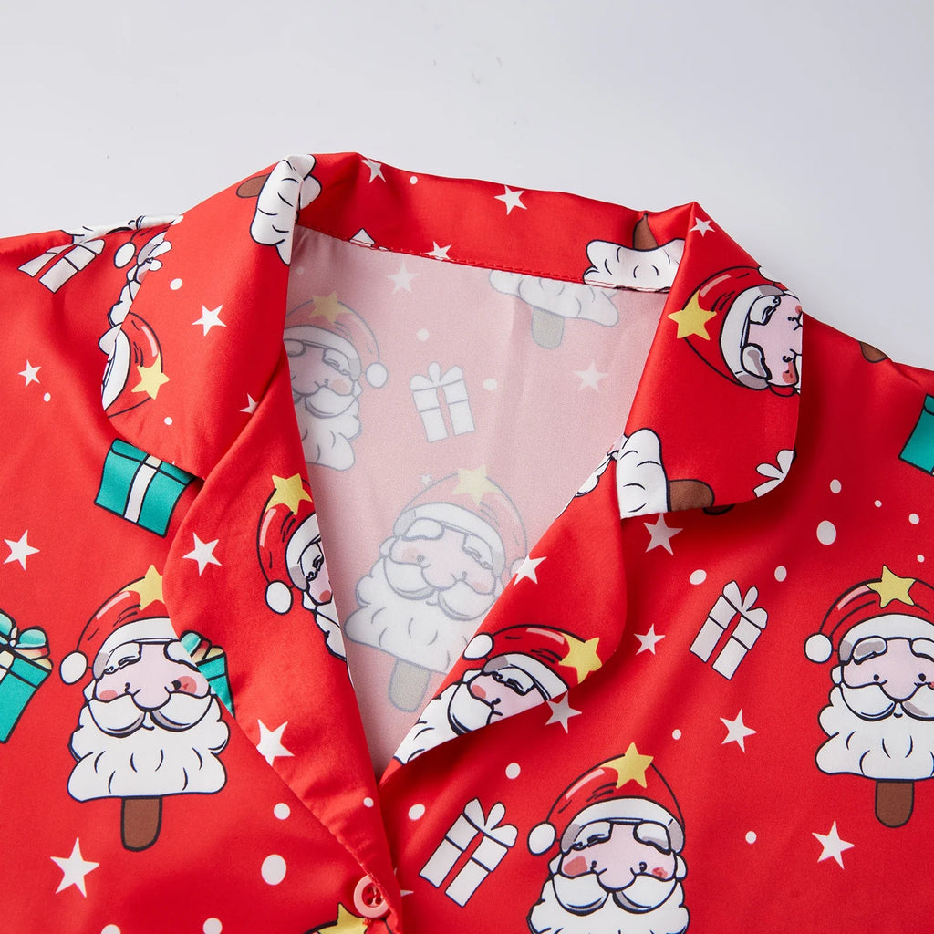 Women 2 Pieces Christmas Pajamas Sets V Neck Short Sleeve Christmas Themed Print Tops and Drawstring Waist Shorts Satin Suits