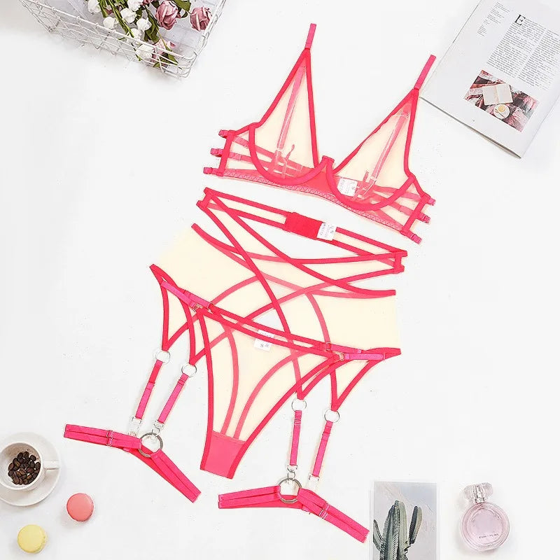 Toucheart 4 Piece Set Bra Set Nude See-Through Mesh Contrasting Color Hemmed Sexy Underwear For Women Girdle Garter Belt Suit