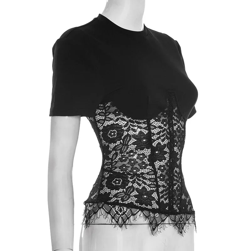 FDYOUI Woman Clothing Lace Patchwork Corset T-shirt 2026 Elegant Sexy Short Sleeve See-through Black Tops Y2K Girls T-shirts