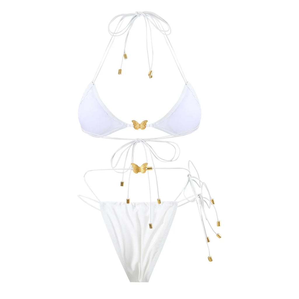 Solid Color Stretch Rope Butterfly Jewelry Bikini Sexy Split Triangle Bag Straps Swimsuit Women Maillot De Bain Femme 2 Pieces