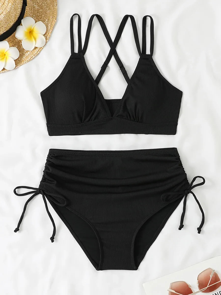 2026 Strappy Triangle Bikinis Women Sexy Swimwear Female High Waist Swimsuit Solid Bathers Bathing Swimming Swim Suit Beachwear