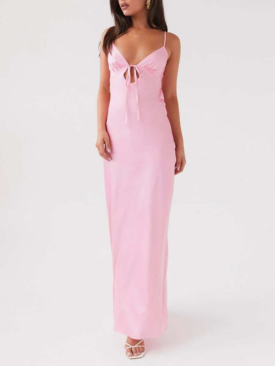 Women Cami Dress Solid Color Sleeveless Tie-Up Front Sleeveless Backless Dress Long Dress Summer Casual Spaghetti Strap Dress