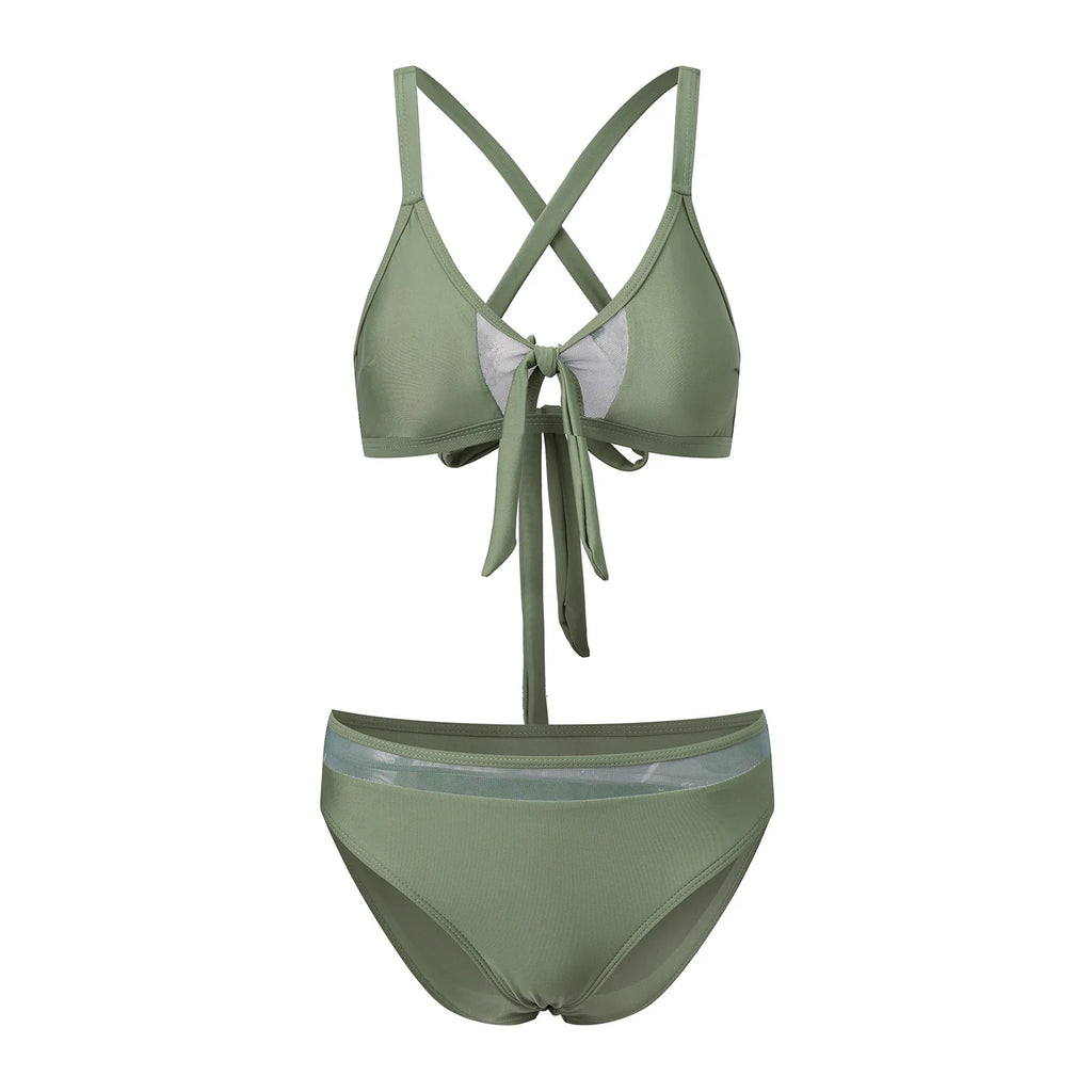 Women 2 Piece Bikini Set Fashion Solid Color Sleeveless Tie up Front Bra and Low Waist Briefs Summer Holiday Bathing Suit