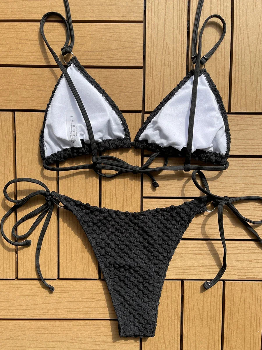 Sexy Wrinkled Strappy Halter Bikini Female Swimsuit Women Swimwear Two-pieces Bikini set Tie Side Bather Bathing Suit Swim Lady