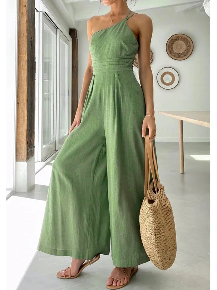 Foridol Waist Folds Backless Double Strap Casual Wide Leg Jumpsuit Long Pants Green 2025 New Female Loose  Jumpsuit