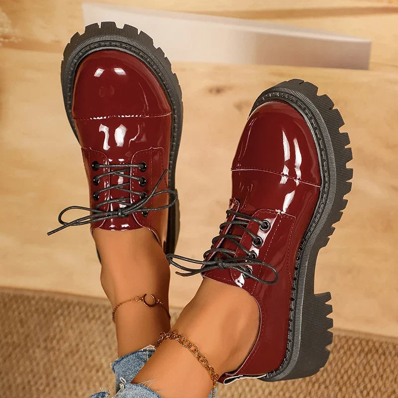 Fashion Printed Platform Oxford Shoes Women Comfortable Plus Size 43 Lace Up Pu Leather Shoes Woman Red Thick Sole Loafers Mujer