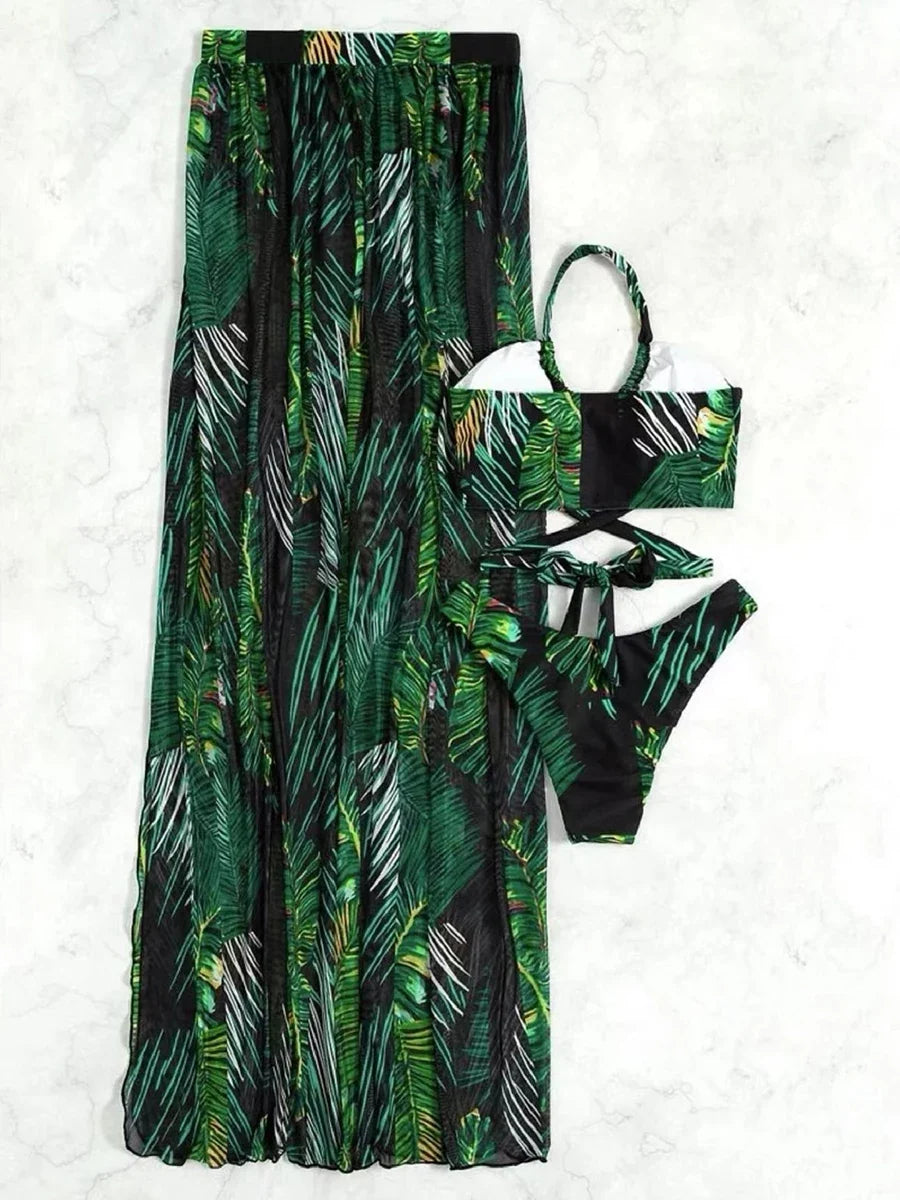 2026 Halter 3 Pieces Bikinis Bandage Swimsuit & Beach Dress Sexy Swimwear Women Bathers Swimming Bathing Suit Beachwear Summer