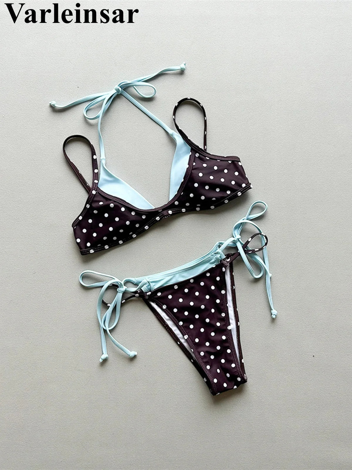 Sexy Polka Dot Plaid Halter Bikini Female Swimsuit Women Swimwear Two-pieces Bikini set Splicing Bather Bathing Suit Swim V8027