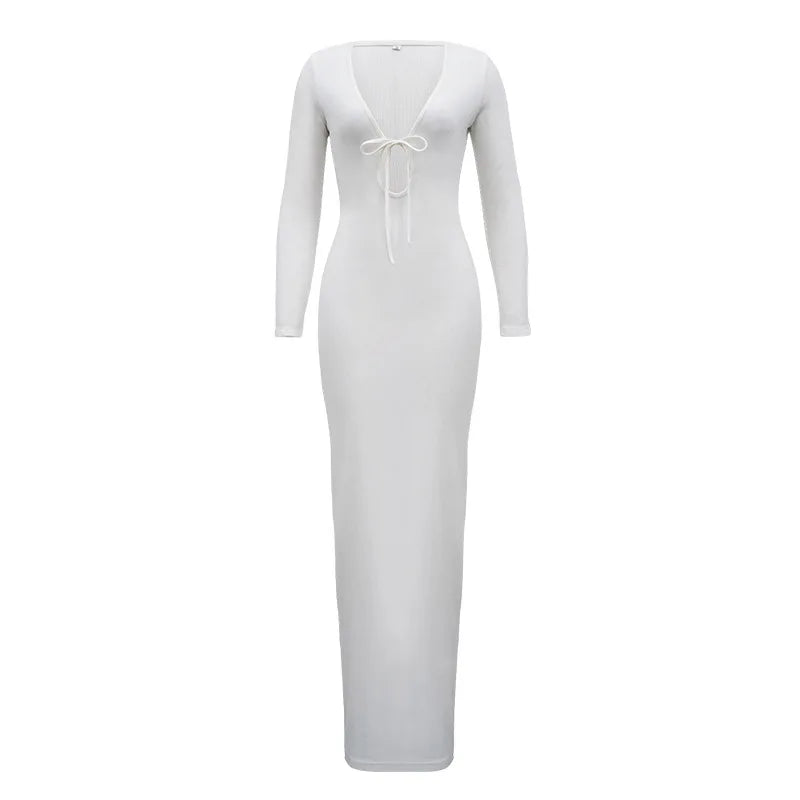 Trendy Solid Color Slim Long Dresses Women Sexy Deep V-neck Hollow Out Leace-up Package Hip Bodycon Party Dress Female Vestidos