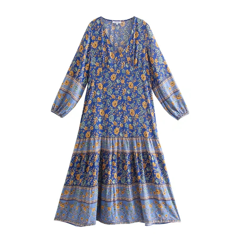 Foridol Bohemian Printed Floral Women Long Dress with Sleeve Spring Summer New in Midi Vestidos Casual Beach Boho Dress Women