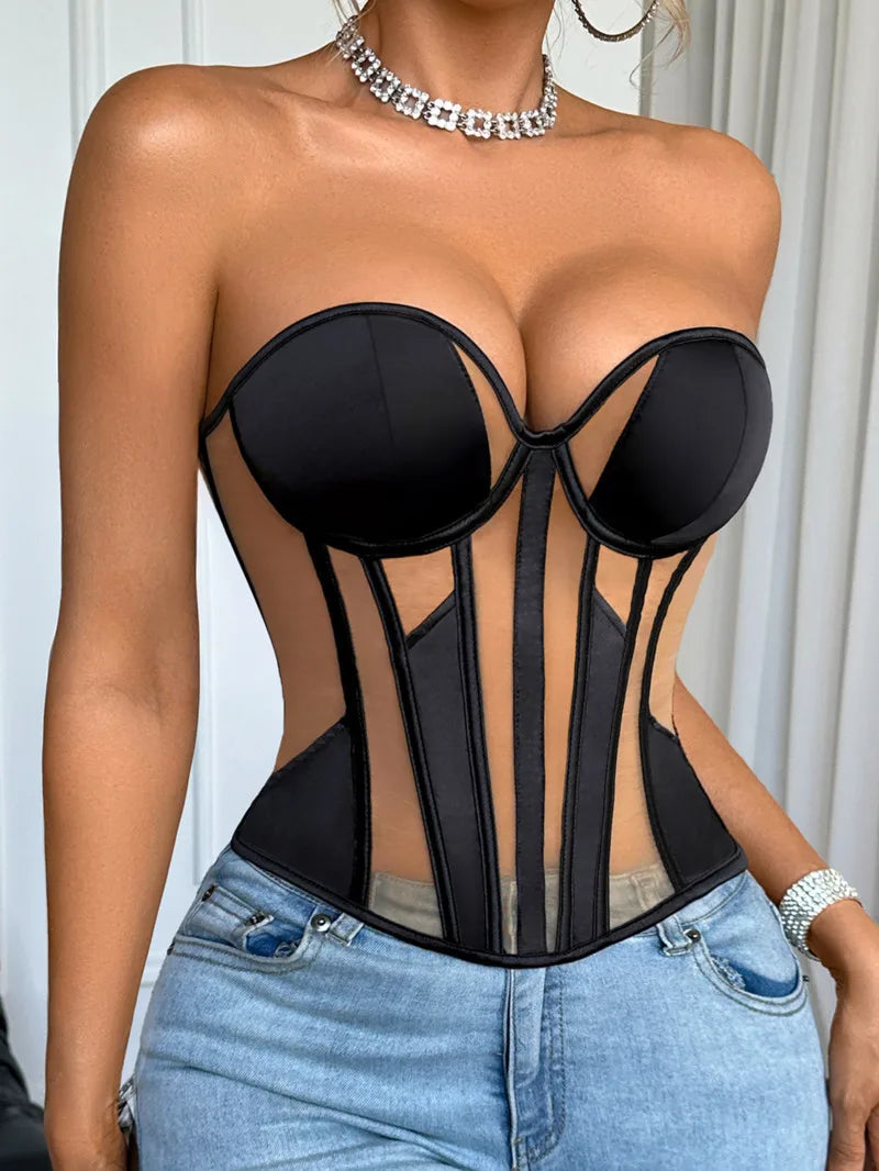 Mesh Thin Corset Sexy Erotic Tight Corset Fishbone Top Casaul Transparent Off-the-shoulder Pure Desire Elegant Top Charming 6EX2