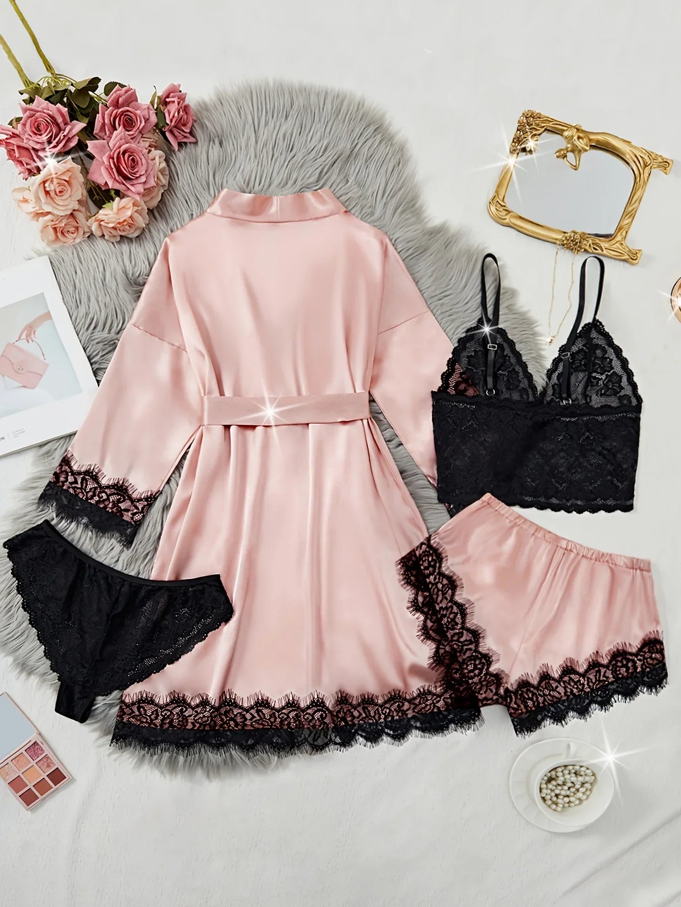 New Fashion Robe Lingerie Set Black Lace Bralette Thong Shorts Women's Luxury Sleepwear Nightwear Elegant Sexy Gift Bridal