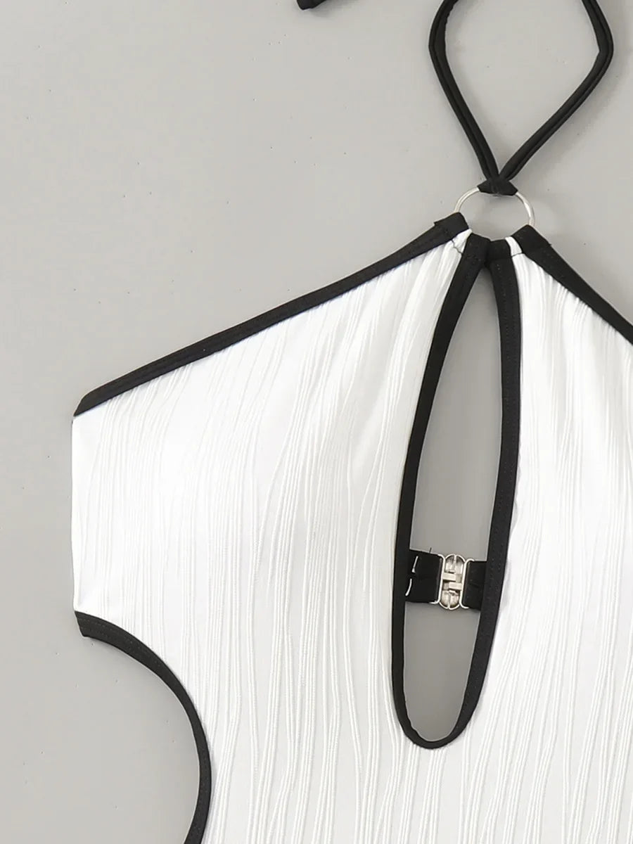 Hollow Out Wrinkled Halter One Piece Swimsuit Women Thong Swimwear Female Backless Monokini High Cut Leg Bathing Suit Beach Wear