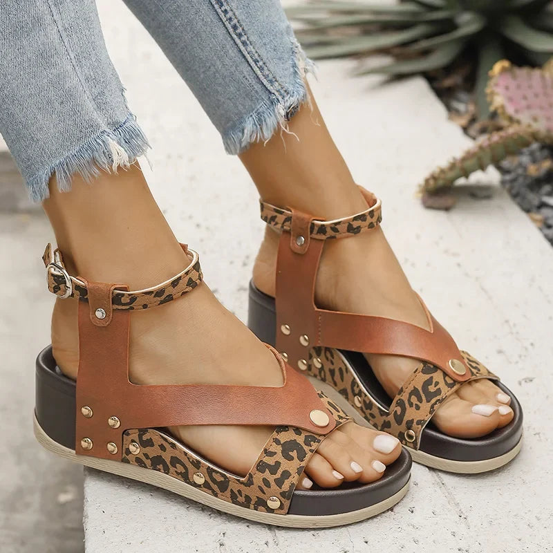 Summer Leopard Print Wedge Sandals Women Plus Size Ankle Strap High Heel Sandal Female New Slip On Pu Leather Sandalias Mujer