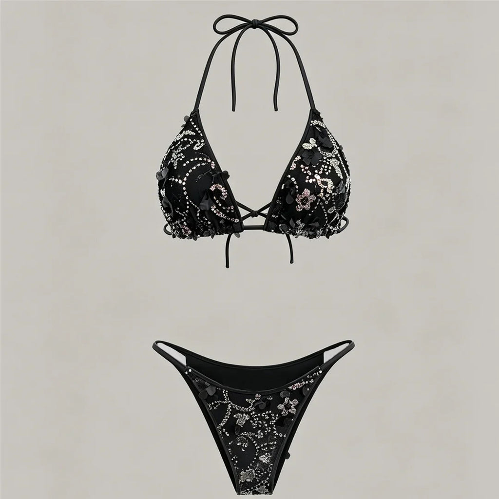 S - XL Three-pieces Bikini set With Skirt Flowers Sequins Bikini Female Swimsuit Women Swimwear Bather Bathing Suit Swim V7864