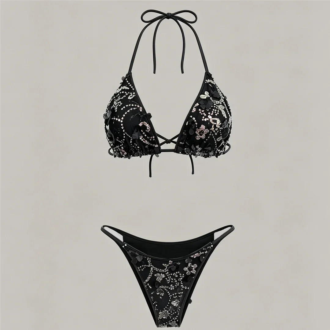 S - XL Three-pieces Bikini set With Skirt Flowers Sequins Bikini Female Swimsuit Women Swimwear Bather Bathing Suit Swim V7864